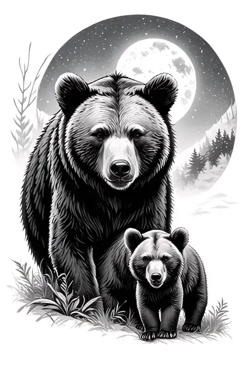Bear And Cub In A Forrest Under Night Sky