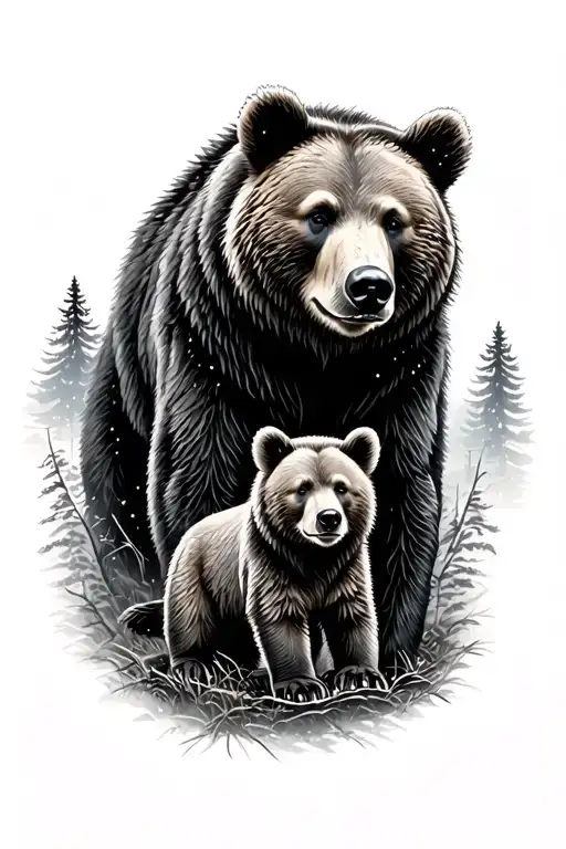 Bear And Cub In A Forrest Under Night Sky