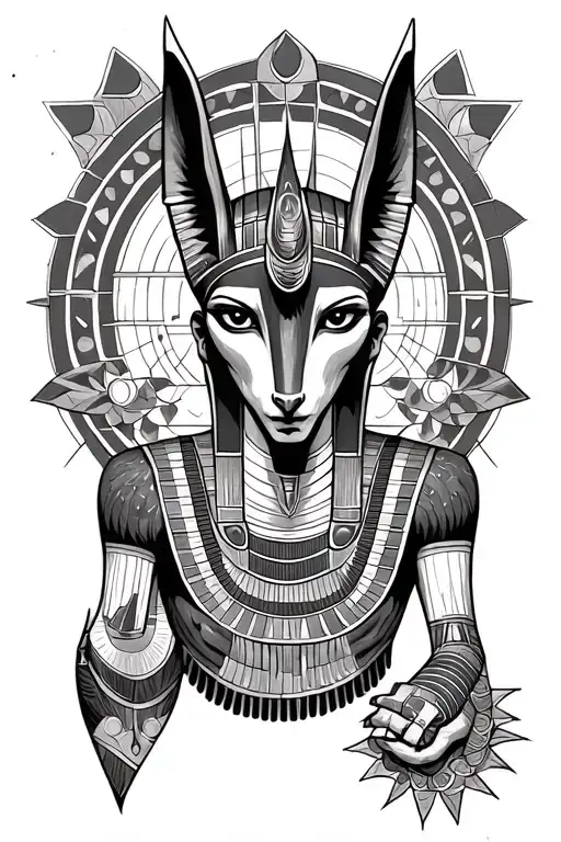 Dark Anubis Egyptian God Surrounded By Geometric Shapes And Circles