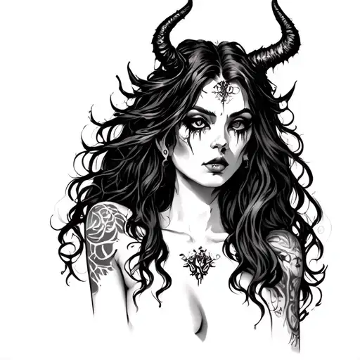 Gothic Nude Demon Woman With Piercings And