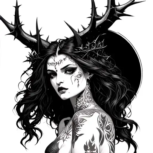 Gothic Nude Demon Woman With Piercings And Tattoos And Thorn Crown