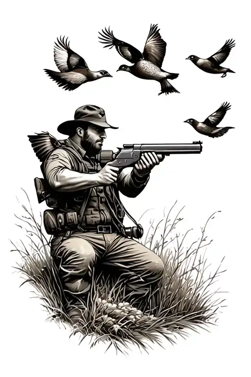 Hunter Aiming Shotgun At Pheasants Flying