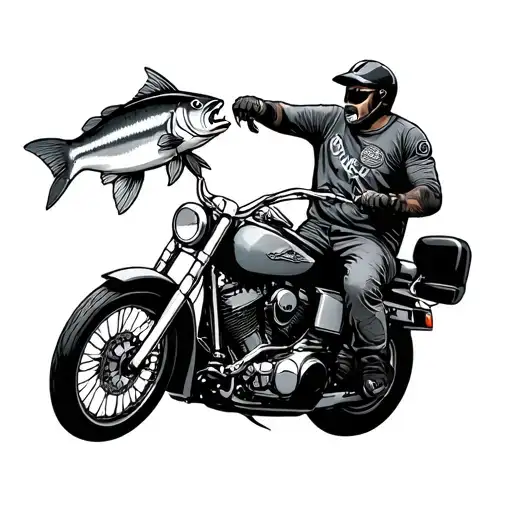 Man Riding A Harley Davidson Motorcycle Catching A Fish
