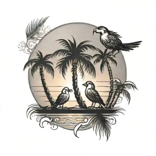 Coconut Tree With Love Birds Sitting Sunset Sky