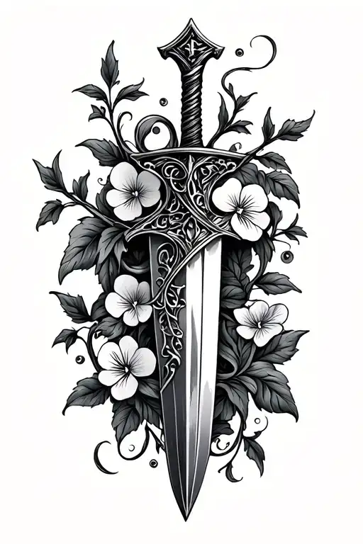 Dagger With Vines And Violets Wrapped Around Line Work Only