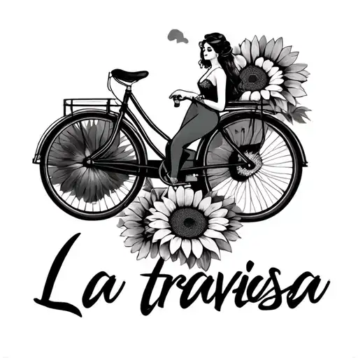 A Bicycle With La Traviesa In Script Underneath Her With Sunflowers