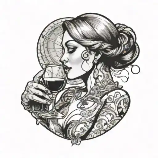 Linework Woman Drinking Wine