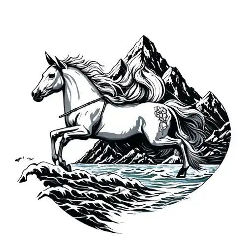 Sagittarius With Mountain And Seas Tattoo Design Incorporating Elements