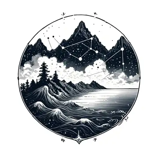 Sagittarius Constellation With Mountain And Seas Tattoo Design Incorporating Elements