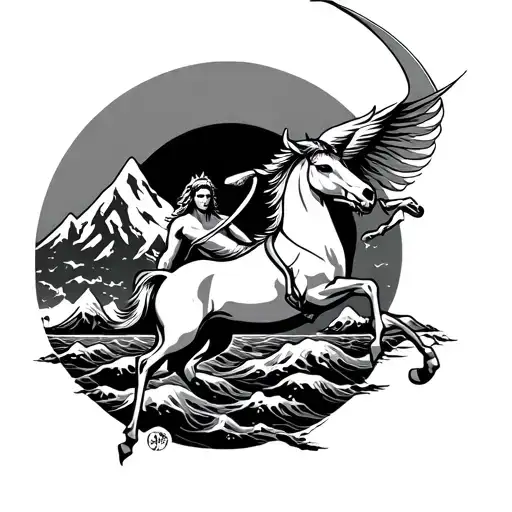Sagittarius With Mountain And Seas Tattoo Design Representing