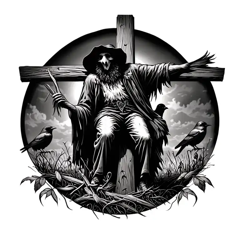 Old Scare Crow Perched On A Cross Surrounded By Wilted Crops And Crows