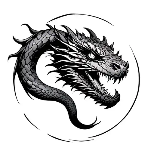 Ouroborus Snake And Dragon Head In The Circle