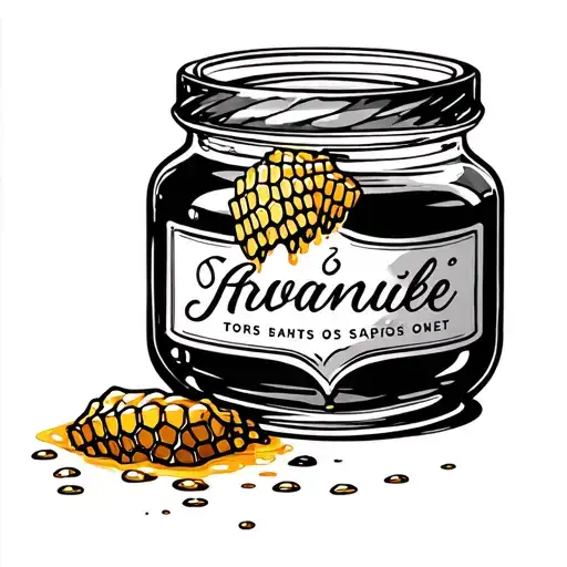 Honey Jar With Spilled Honey And Honey Comb Pattern With A Name On The Jar