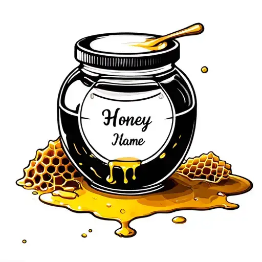 Round Honey Jar Outline With Spilled Honey And Honey Comb Pattern With A Name On The Jar