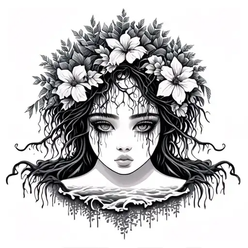 Weeping Willow Tree And Floral And Lady Face On Leg Sleeve