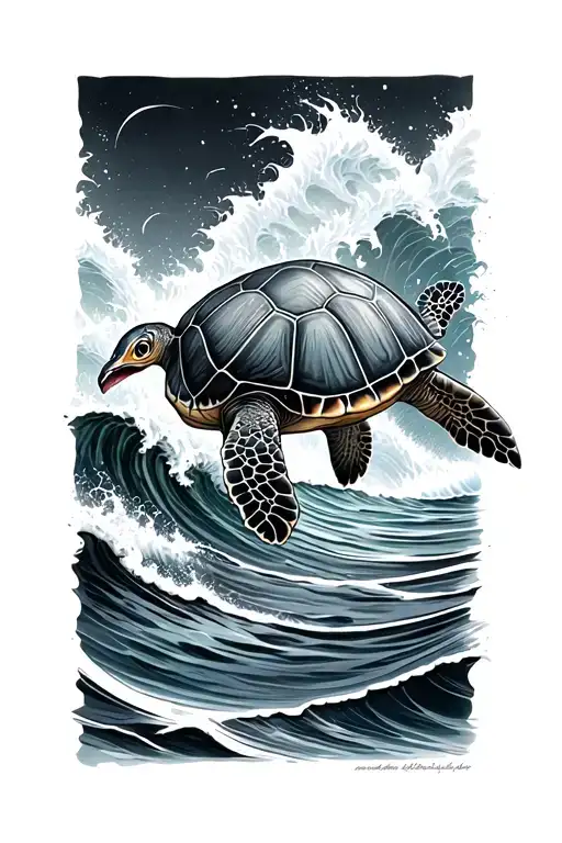 Sea Turtle And Waves Crashing In The Background