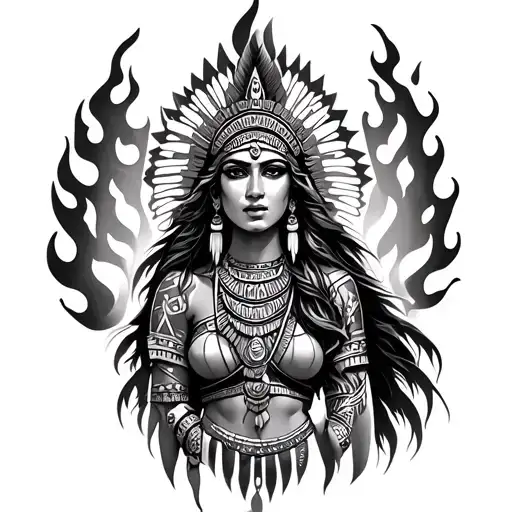 Aztec Female Goddess With Flames Surrounding