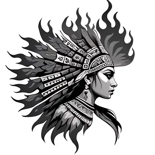 Aztec Female Goddess With Flames Surrounding Side Profile