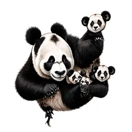 Panda And 4 Cubs Climbing On Her