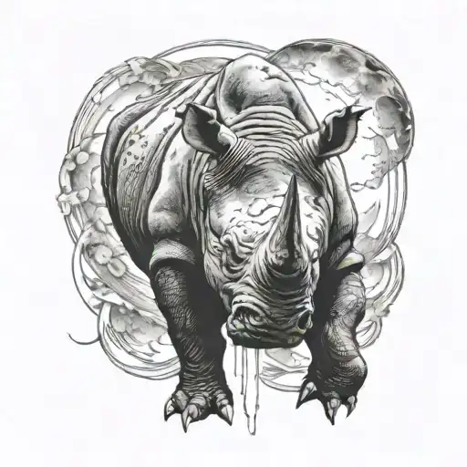 Rhinocerous With Moon Back Ground Reflecting Into A Pool Of Water