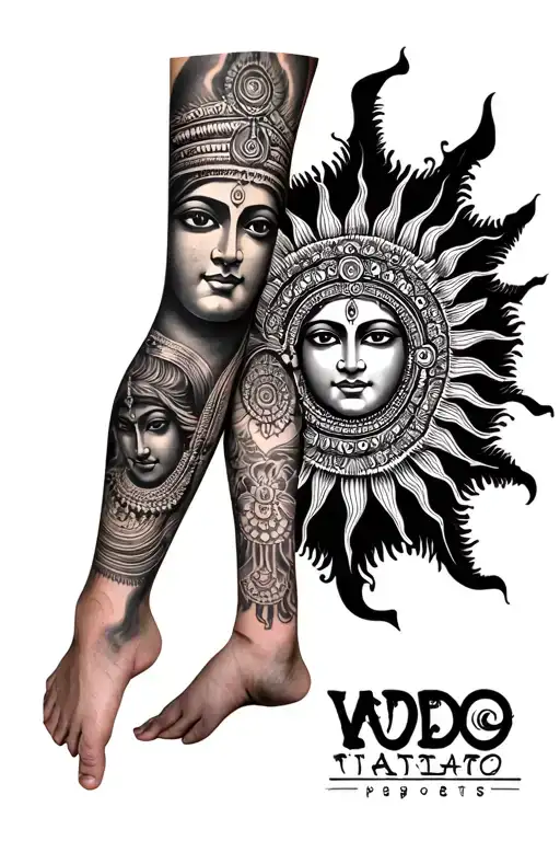 Leg Tattoo With Hindu Sculptures And Mixture Of Sun