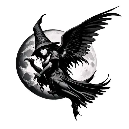 Witch Flying Tatoo Design With Halfmoon