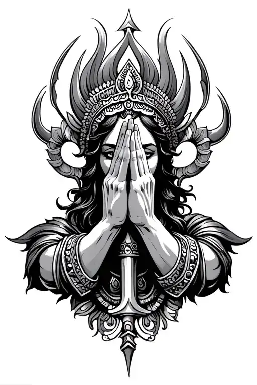 Praying Hands With Murugan's Vel Trident Tatto