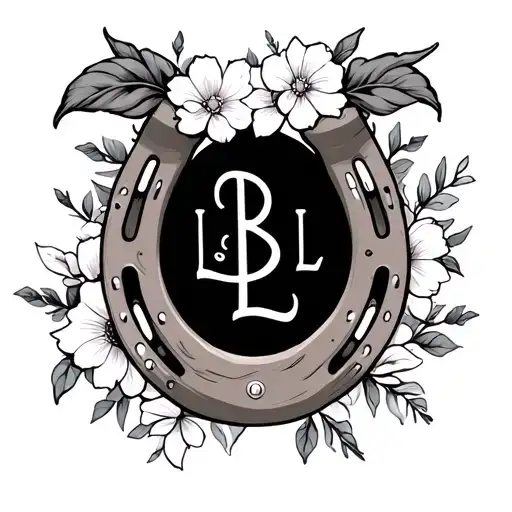 Horse Shoe With Flowers And The Letters L B L Written In Cursive Through It