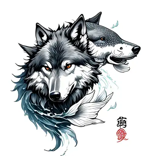 Wolf And Koi Fish Yin