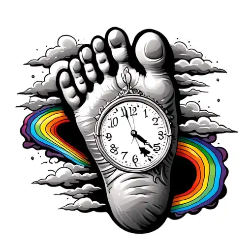 Newborn Foot Print With Clock Surrounded By Storm And Rainbows