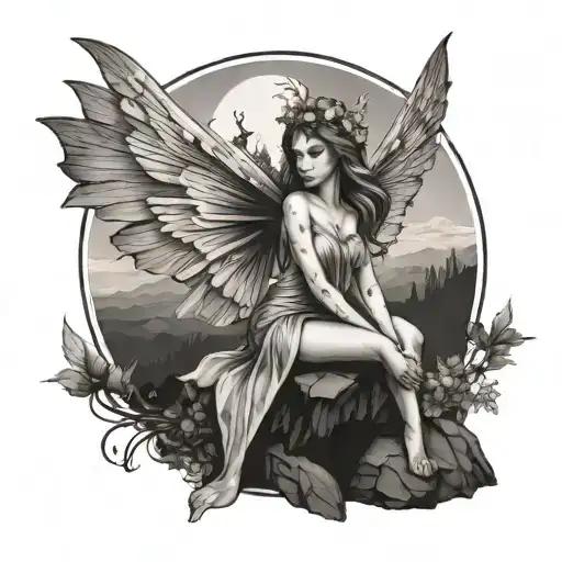 Fairy Sitting With Wings With Mountain Landscape