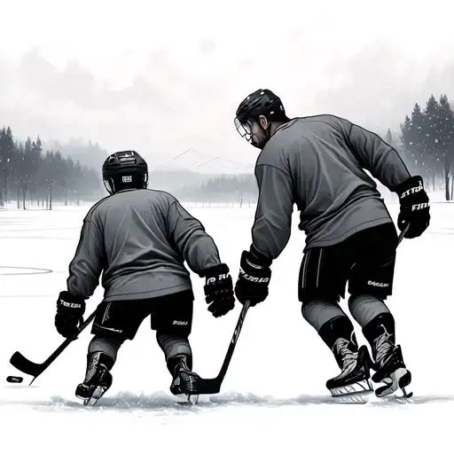 Father And Son Ice Hockey With A Landscape From Behind