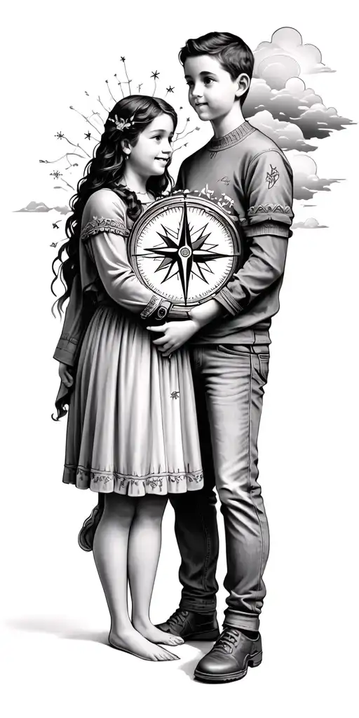 Child And Parents December With Compass And Clouds And Lights