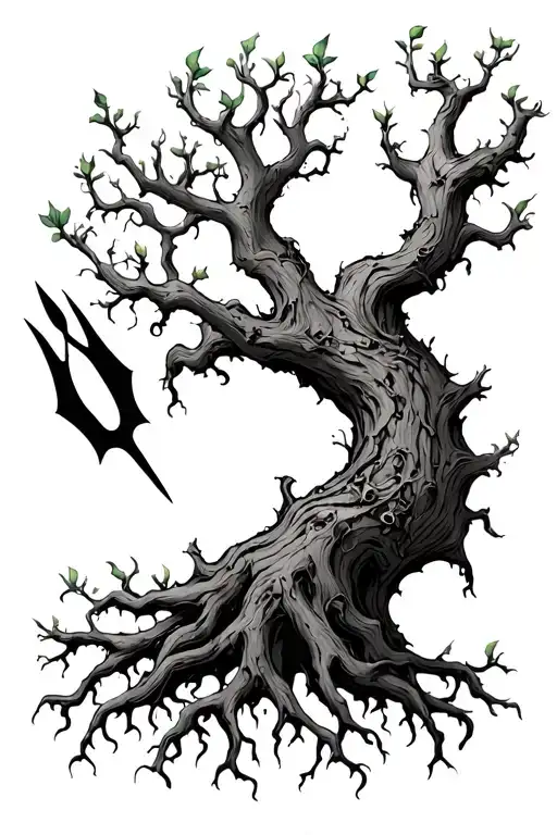 A Tree With A Crown That Forms A Trident And Roots Sprouts Into The Skin