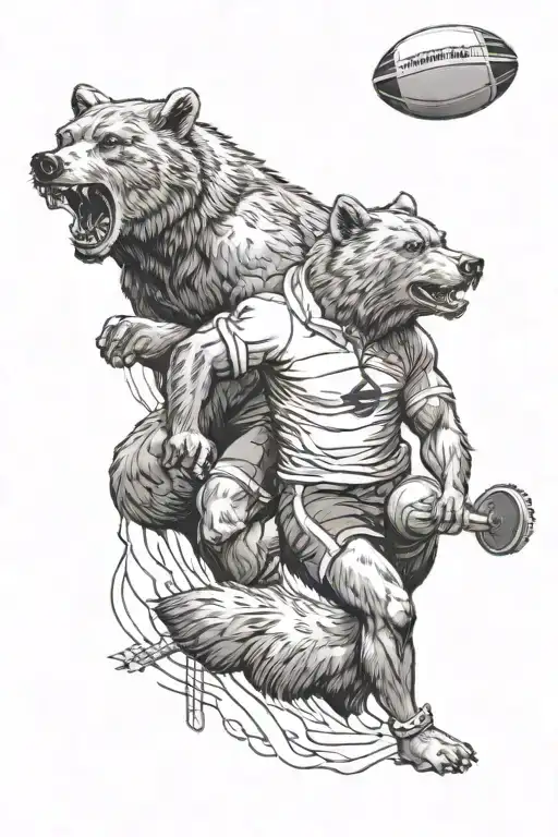 A Detailed Tattoo Of A Bear And Wolf Playing Rugby In A Festive Setting