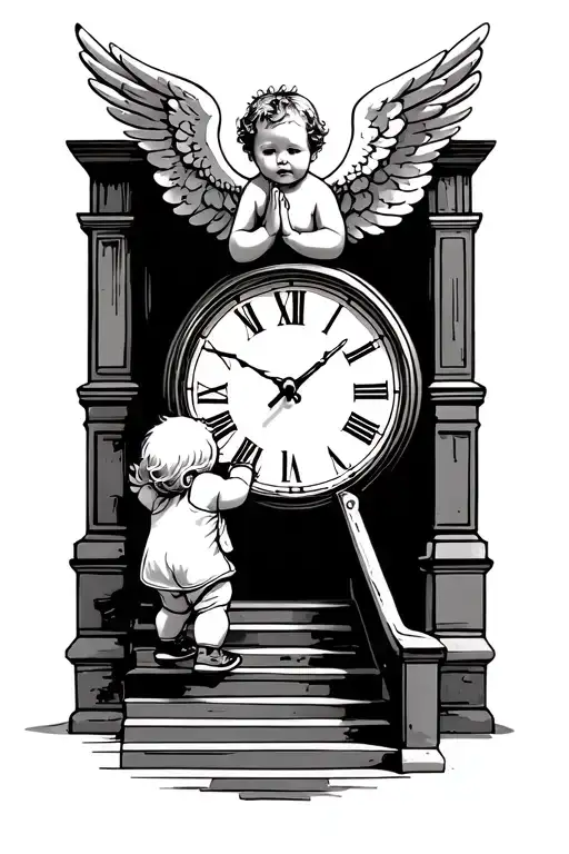 Kid Walking Upstairs Roman Numerals Clock Praying Hands And A Baby Angel On Top