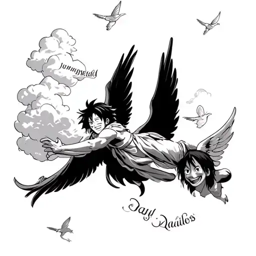 Sleeve Angels Flying With Wings And Cloud Effect And Luffy Smiling And Names