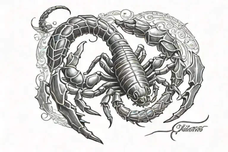 Scorpion On The Shoulder Blades Holding 2 Names Written