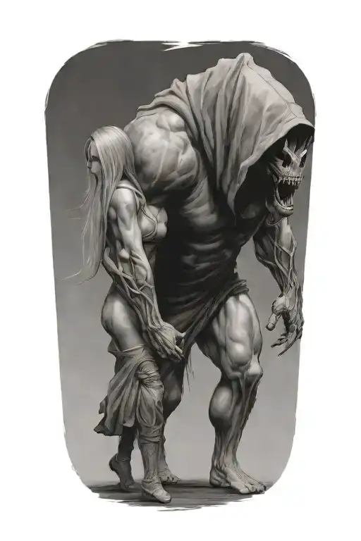 A Huge Muscular Hooded Beast Being Soothed By A Small Woman As They Walk Away