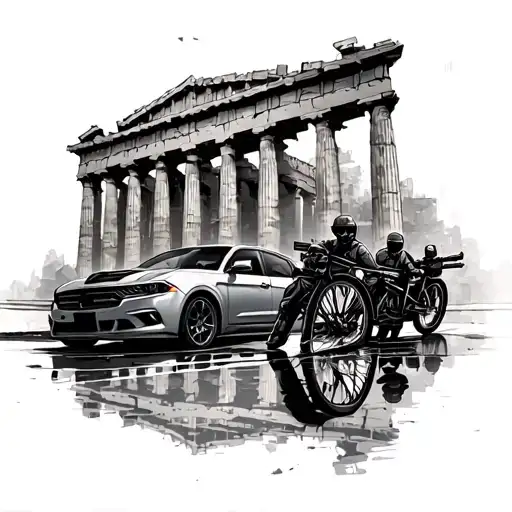 I Want The Parthenon As Background And In Front To Have A Car With People With Guns And A Bike