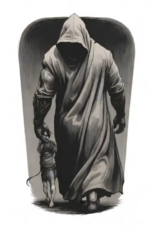 A Huge Muscular Hooded Beast Being Soothed By A Small Woman Walking Away