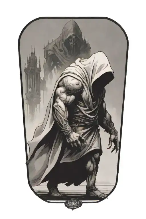 A Huge Muscular Hooded Beast Being Soothed By A Small Woman Walking Away