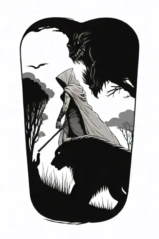 A Huge Muscular Hooded Beast Being Soothed By A Small Woman Walking Away