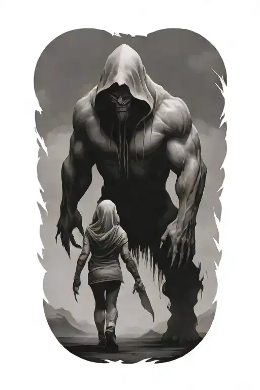 A Huge Muscular Hooded Beast And A Small Woman Walking Away