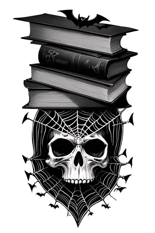 Stack Of Books With Bats Skull And Spider Web