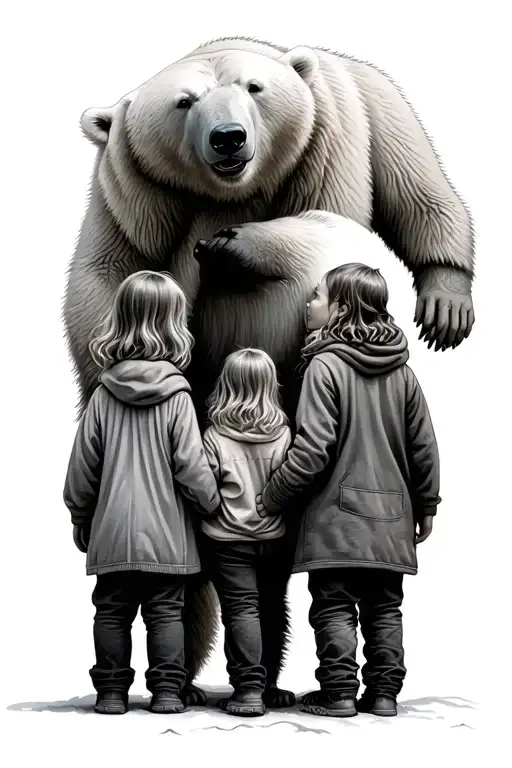 A Father Holding Hands With 2 Daughters With Er Polarbear Wathing Over Then