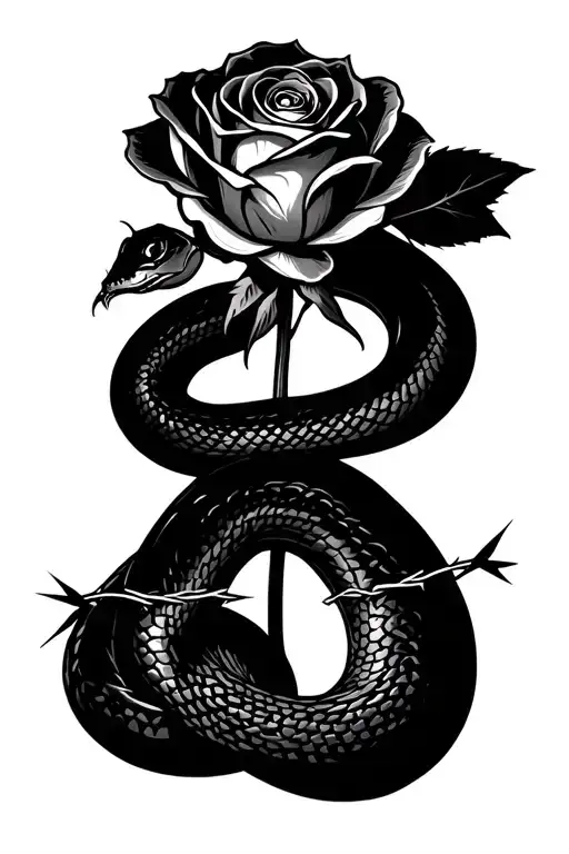 Snake Wrapped Around Rose With Barbed Wire Stem