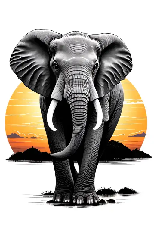 Realistic Elephant With Sunset Behind