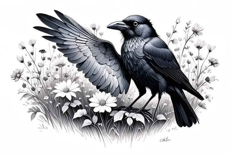Dainty Raven In A Flower Meadow