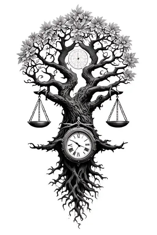 Tree Of Life Interiwned With Judgment Scales Intertwined With Father Time